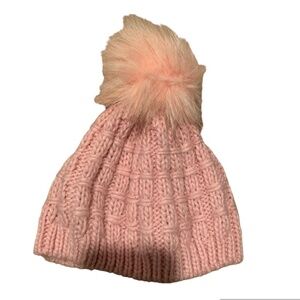 Kyi Kyi Cable Knit Wool Blend Beret with Faux Fur Pom Pom Pink NWT